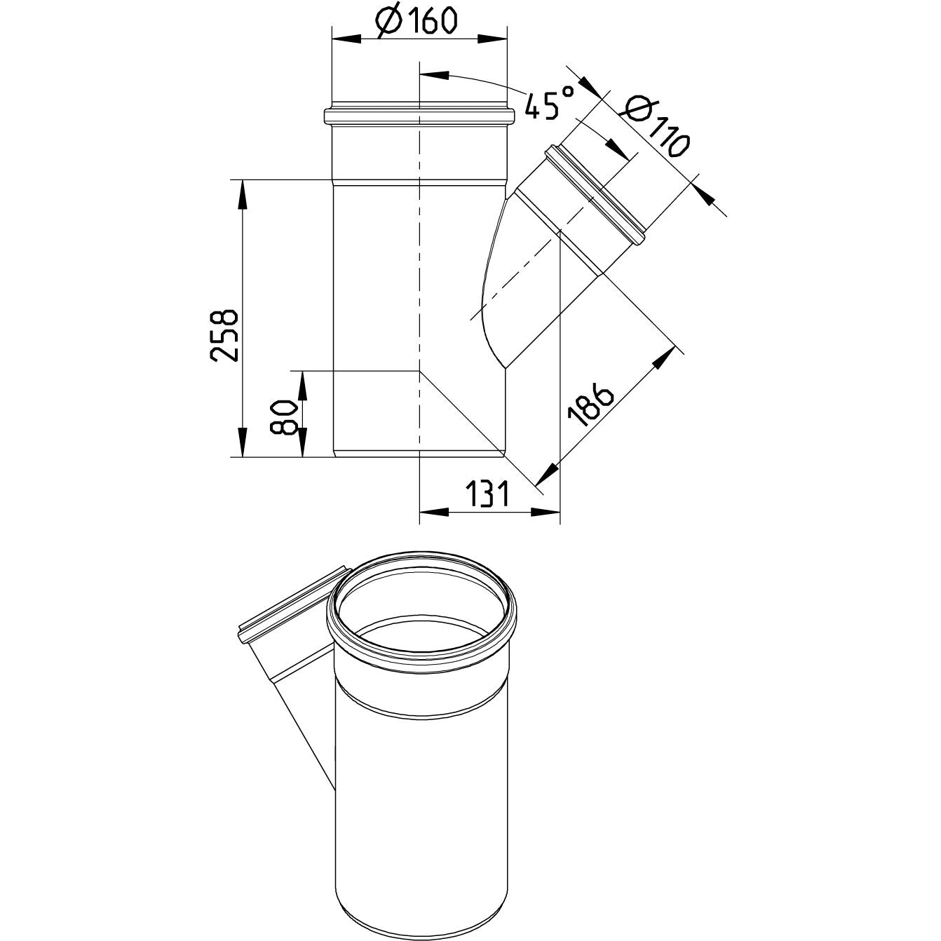 ABZWEIG SCHRÄG 45° - Ø160mm - Ø110mm - V2A
