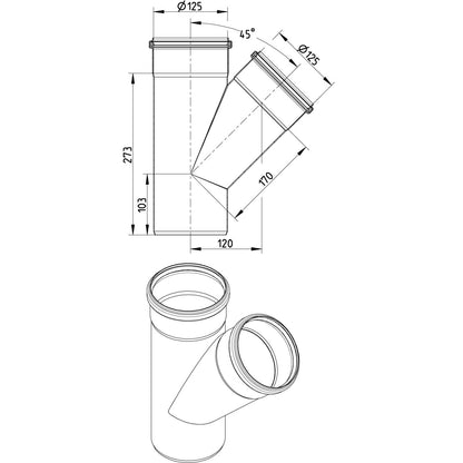 ABZWEIG SCHRÄG 45° - Ø125mm - V2A
