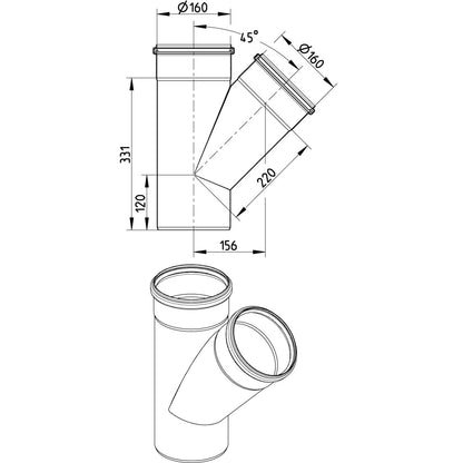 ABZWEIG SCHRÄG 45° - Ø160mm - V2A