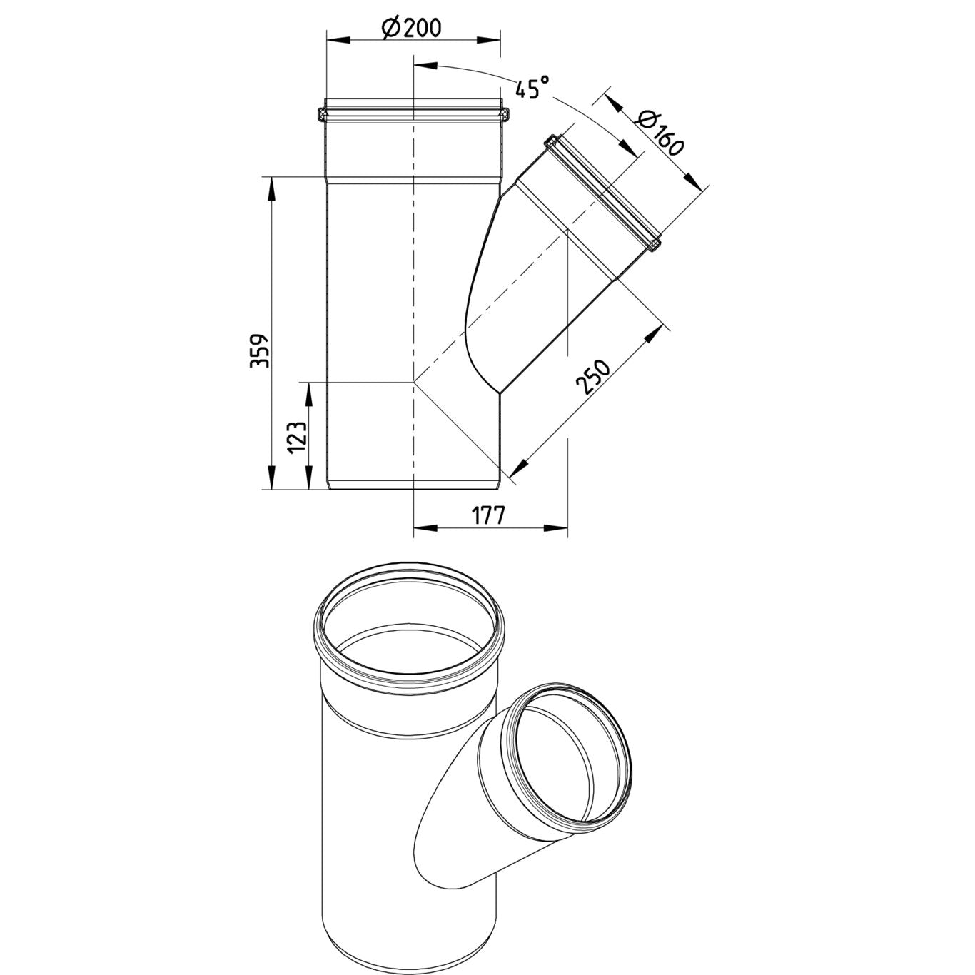 ABZWEIG SCHRÄG 45° - Ø200mm - Ø160mm - V4A