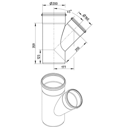 ABZWEIG SCHRÄG 45° - Ø200mm - Ø160mm - V4A