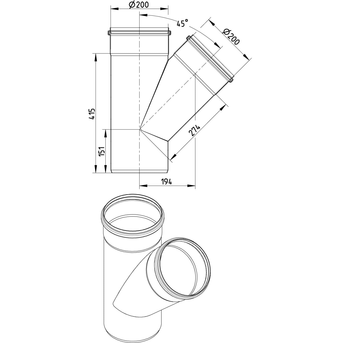 ABZWEIG SCHRÄG 45° - Ø200mm - V4A