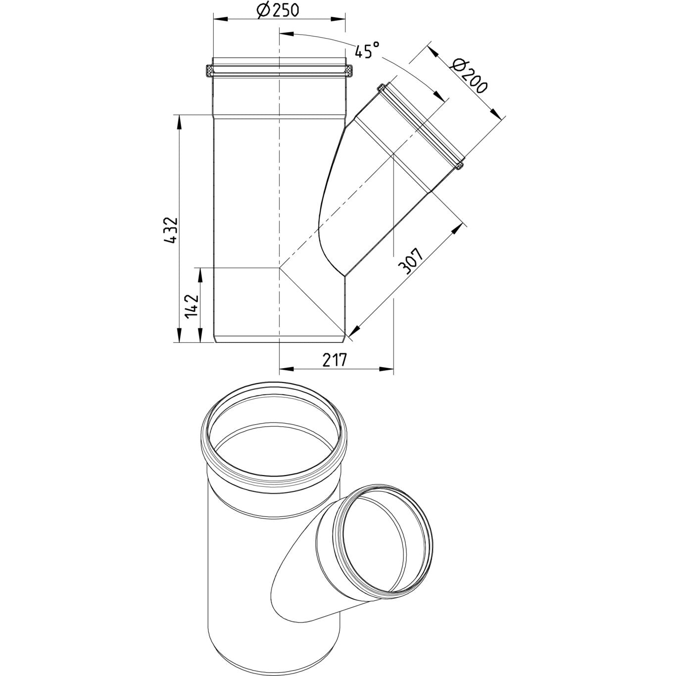 ABZWEIG SCHRÄG 45° - Ø250mm - Ø200mm - V4A