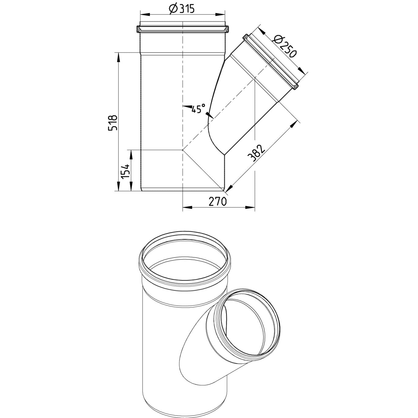 ABZWEIG SCHRÄG 45° - Ø315mm - Ø250mm - V4A