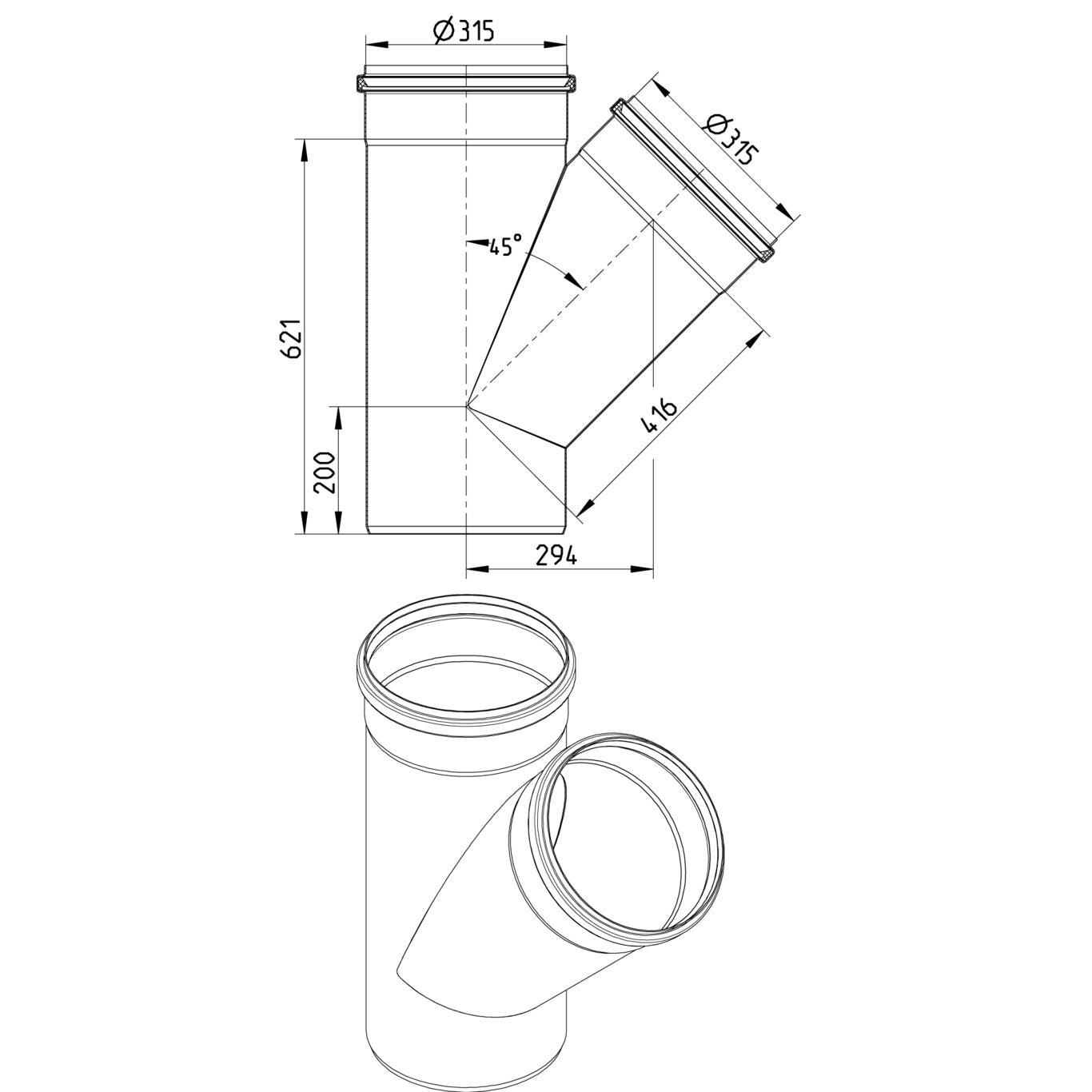 ABZWEIG SCHRÄG 45° - Ø315mm - V4A