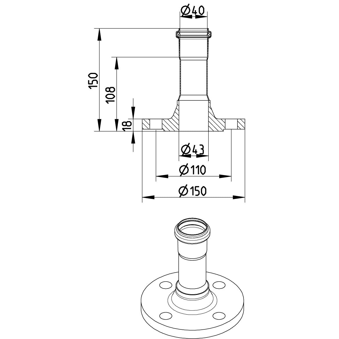 DIN-FLANSCH ADAPTER MIT MUFFE - Ø40mm - V4A