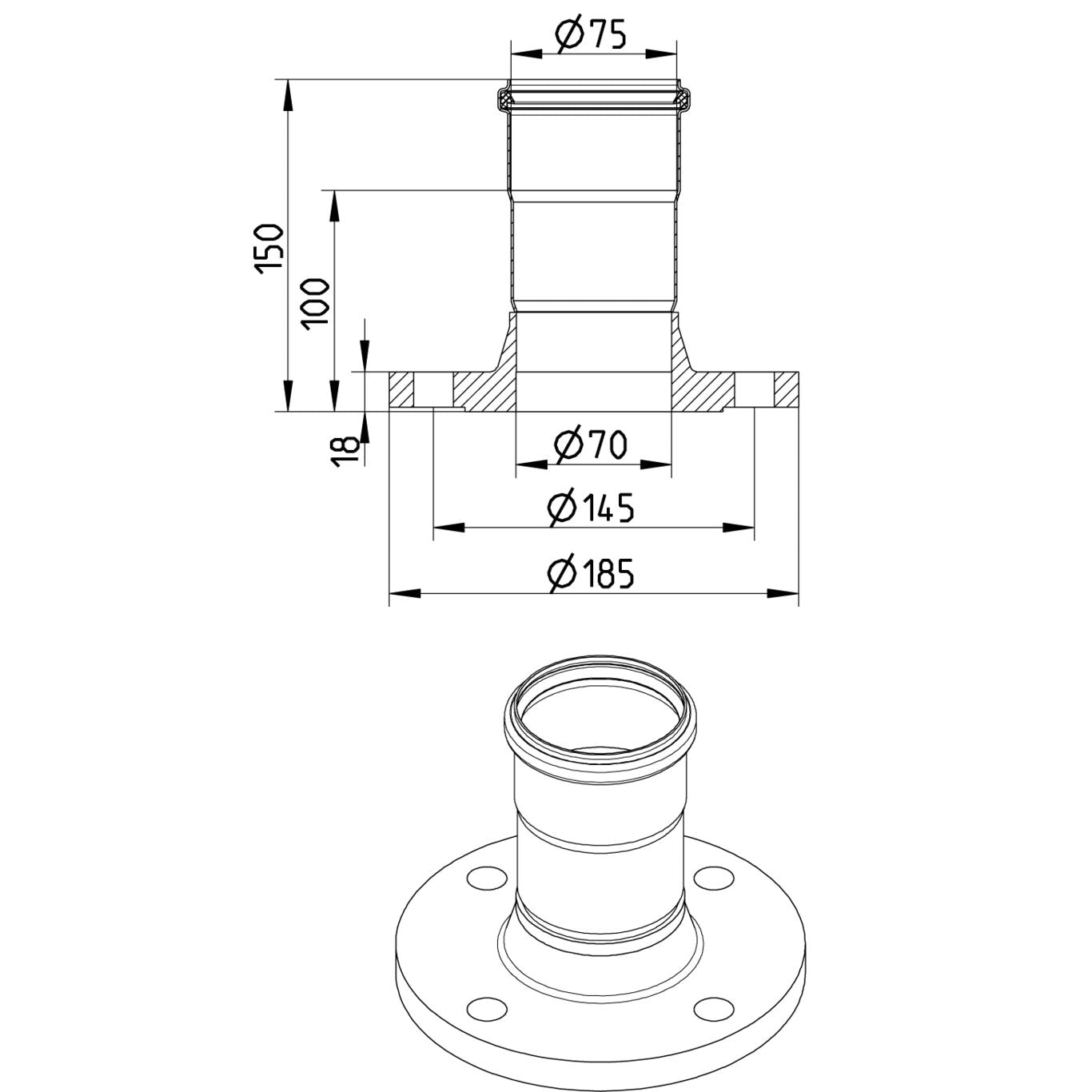 DIN-FLANSCH ADAPTER MIT MUFFE - Ø75mm - V4A