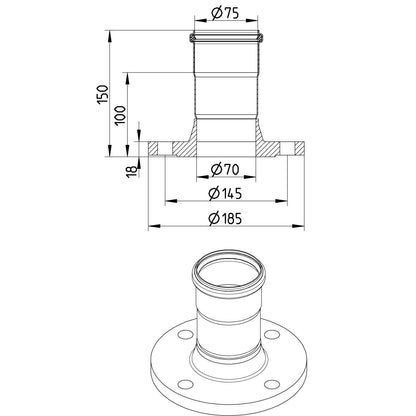 DIN-FLANSCH ADAPTER MIT MUFFE - Ø75mm - V4A