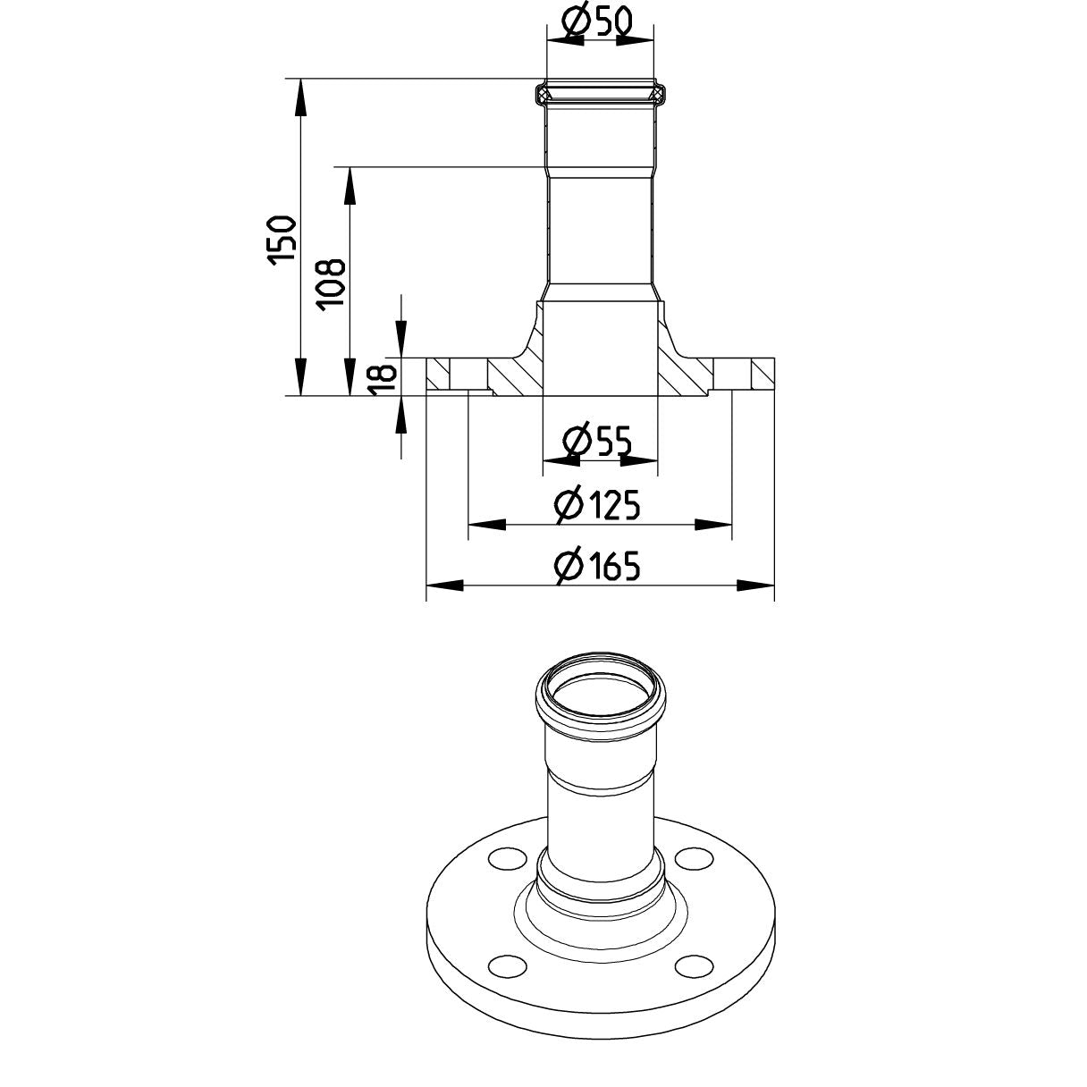 DIN-FLANSCH ADAPTER MIT MUFFE - Ø50mm - V4A