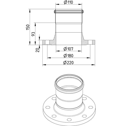 DIN-FLANSCH ADAPTER MIT MUFFE - Ø110mm - V4A